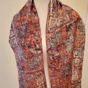 Scarf Vtg Rectangular Shape Silk Blend Terra Cotta/Blue /Grey Floral Pattern